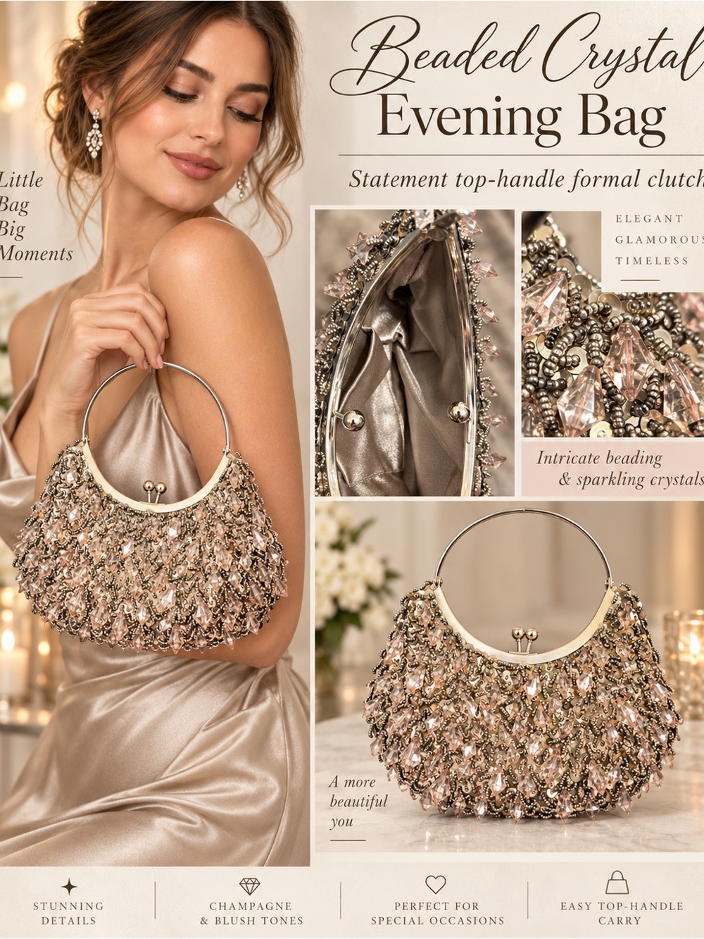 Beaded crystal top-handle evening bag